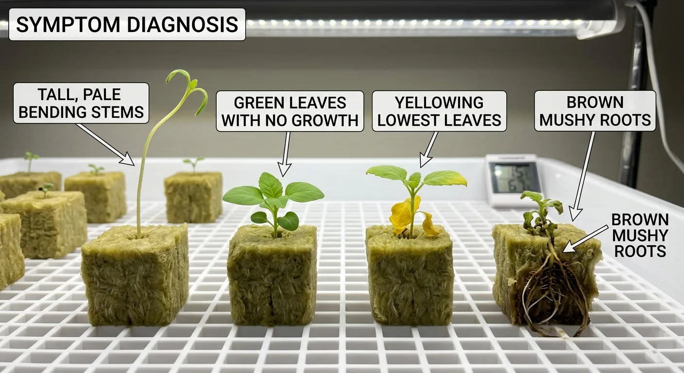 Hydroponic seedlings showing different stalled symptoms like tall pale stems and yellow leaves.