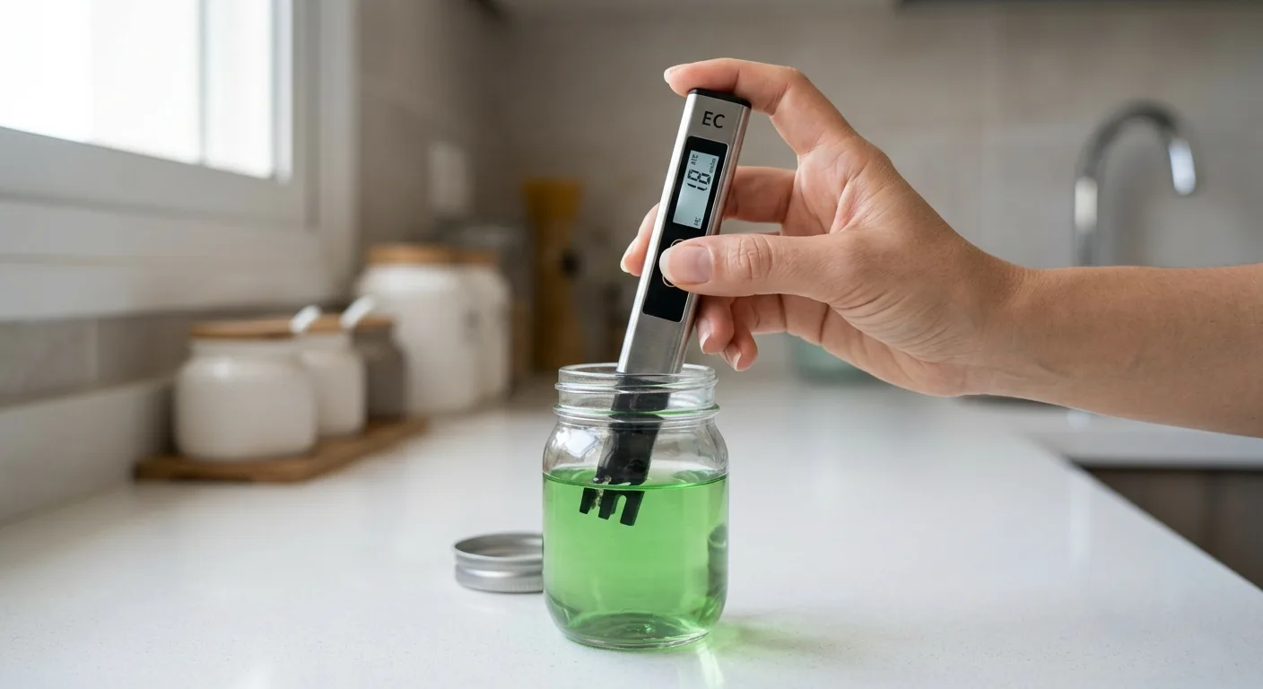 Hand dipping a digital EC pen meter probe into a small glass mason jar of nutrient solution to check electrical conductivity