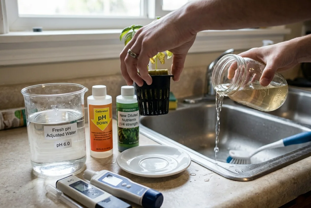 Person performing reservoir change on stalled hydroponic seedlings in apartment kitchen.