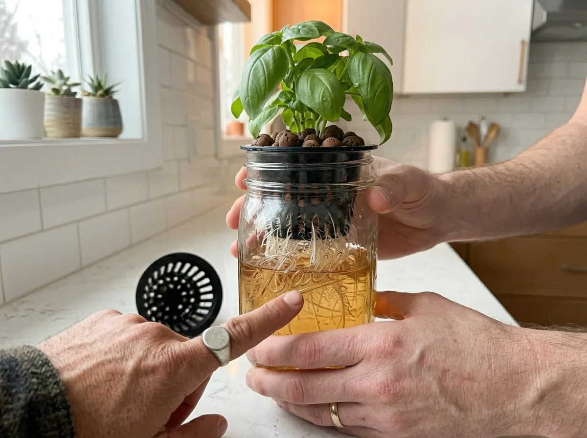 Healthy white roots visible through a hydroponic mason jar being lifted for inspection