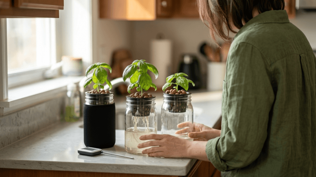 Managing hydroponic water temperature in a small apartment Kratky jar setup on a kitchen counter