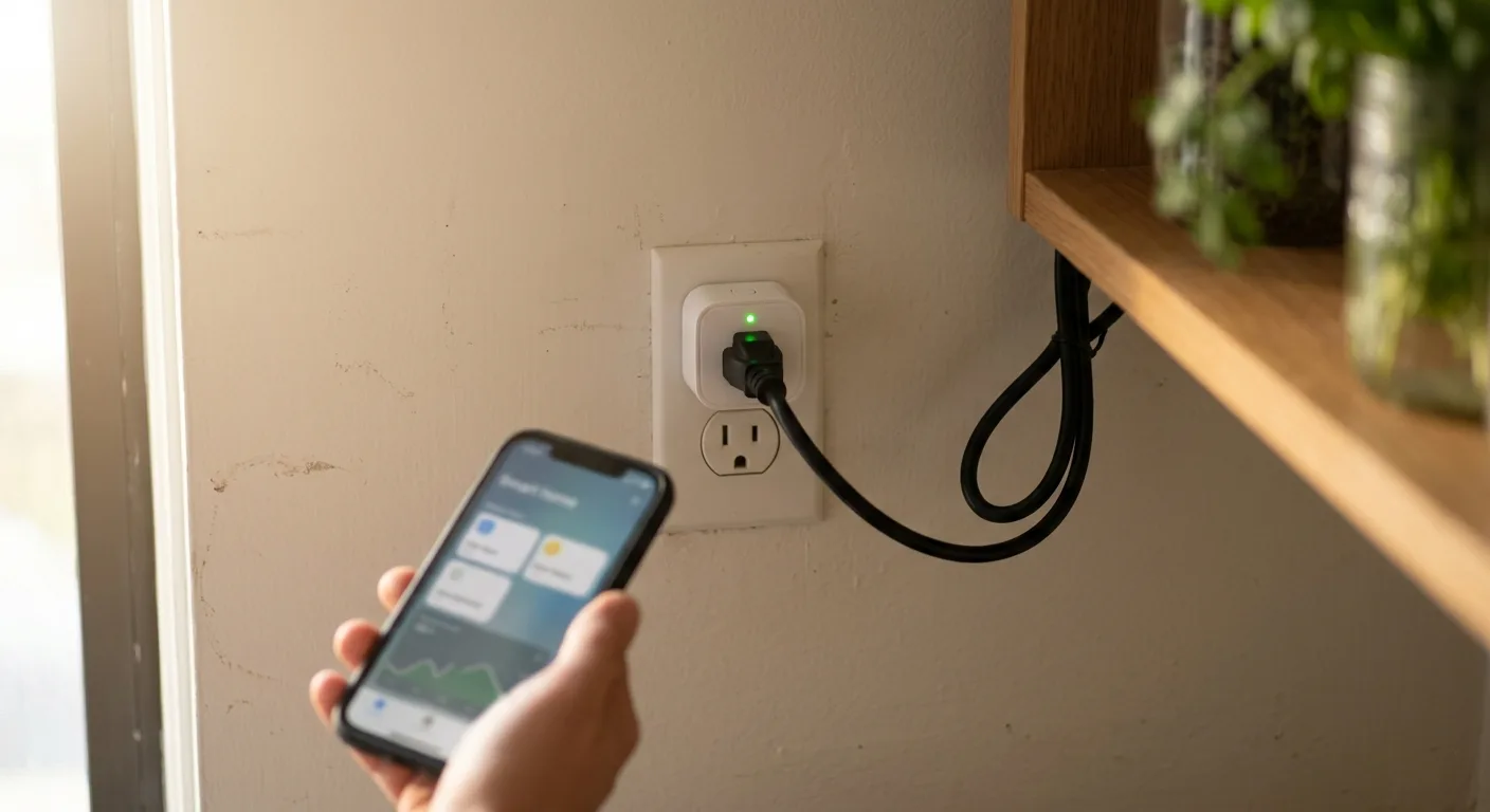 White smart plug in wall outlet connected to grow light power cord in apartment kitchen