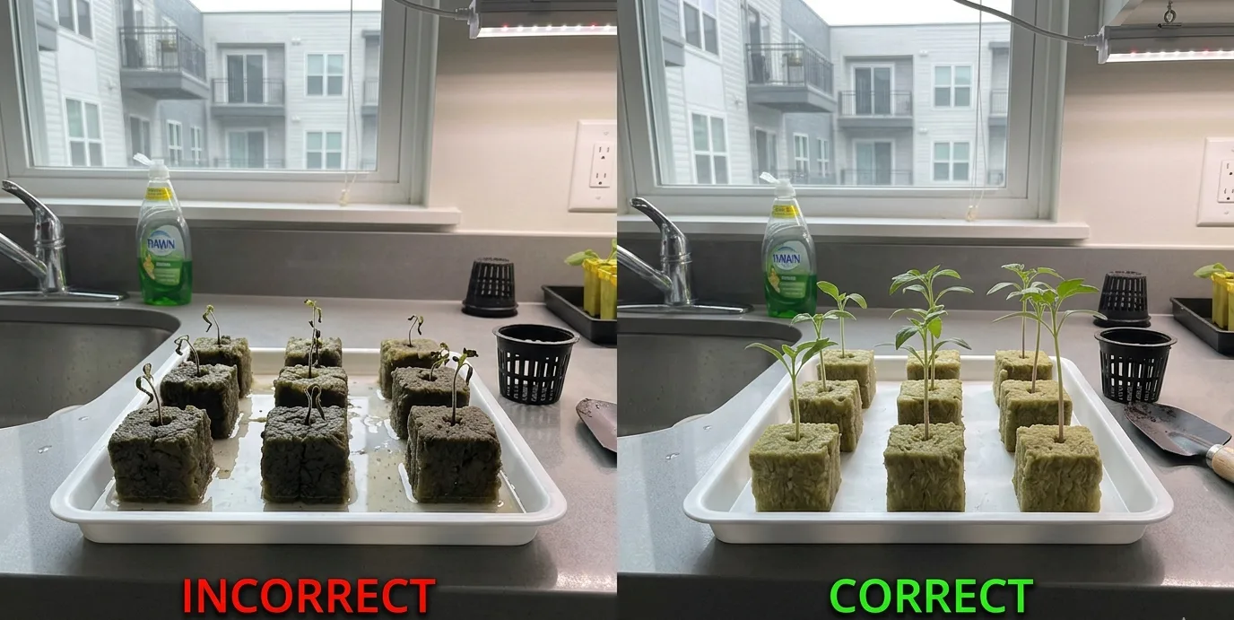 Hydroponic seedlings drowning in overly wet rockwool cubes with damping off symptoms.