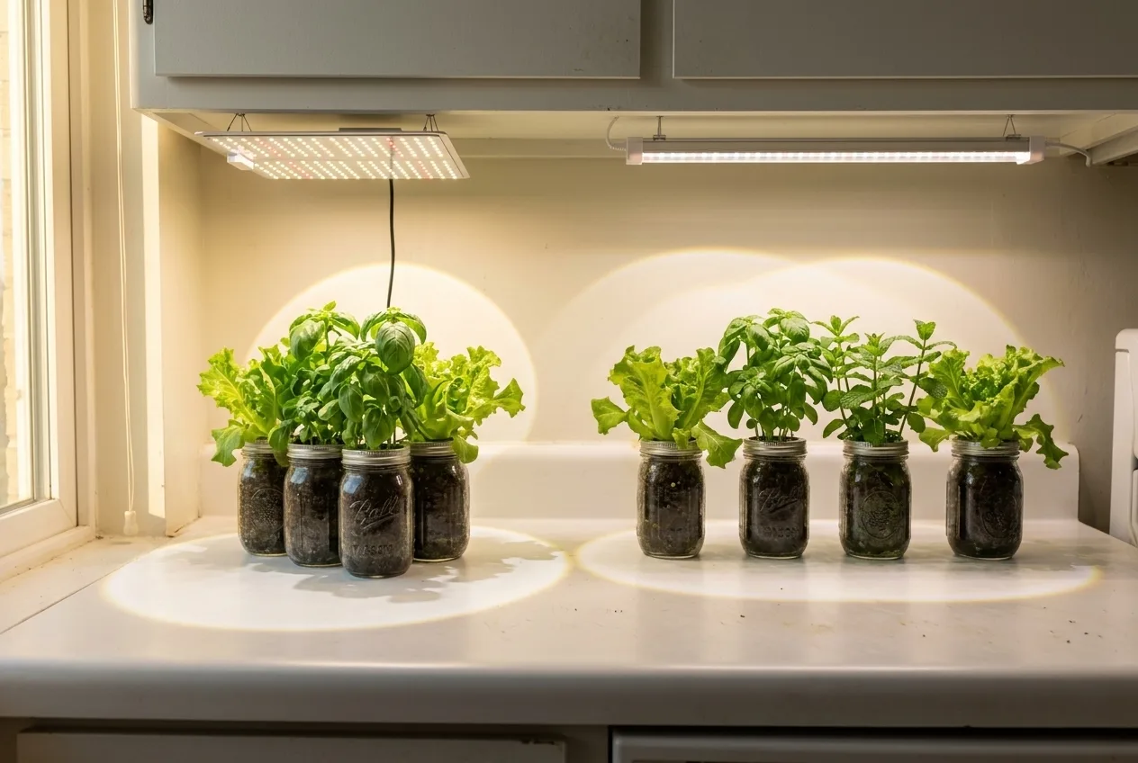 Square LED grow light panel and rectangular bar light side by side over hydroponic jars