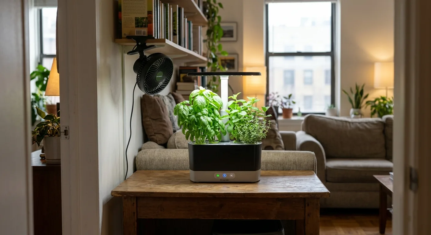 Small hydroponic herb setup kept away from drafts, vents, and temperature swings.