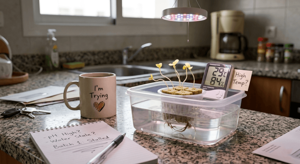 Apartment hydroponic seedlings stalled with pale leaves and weak stems under grow lights.