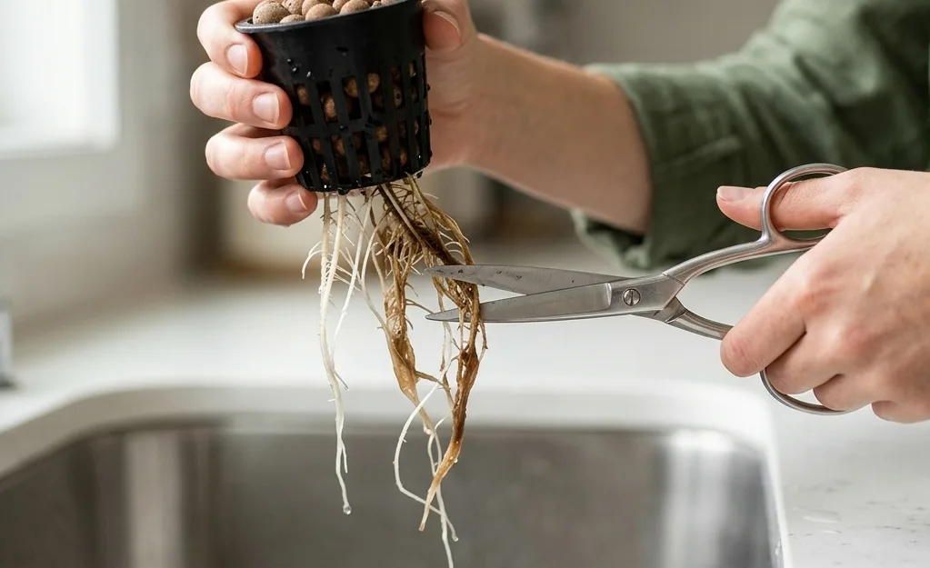 Sarah’s hands trimming brown mushy roots off a net cup with scissors over a kitchen sink
