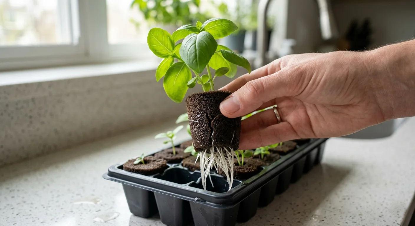 Hydroponic seedling with true leaves and roots visible beneath the grow sponge.
