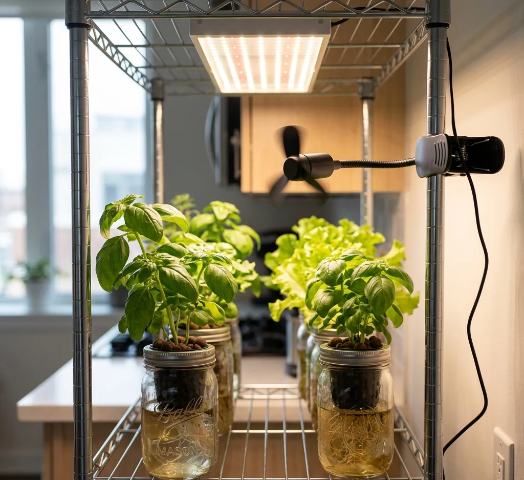 Small USB clip fan attached to wire shelf blowing air across mixed hydroponic herb jars