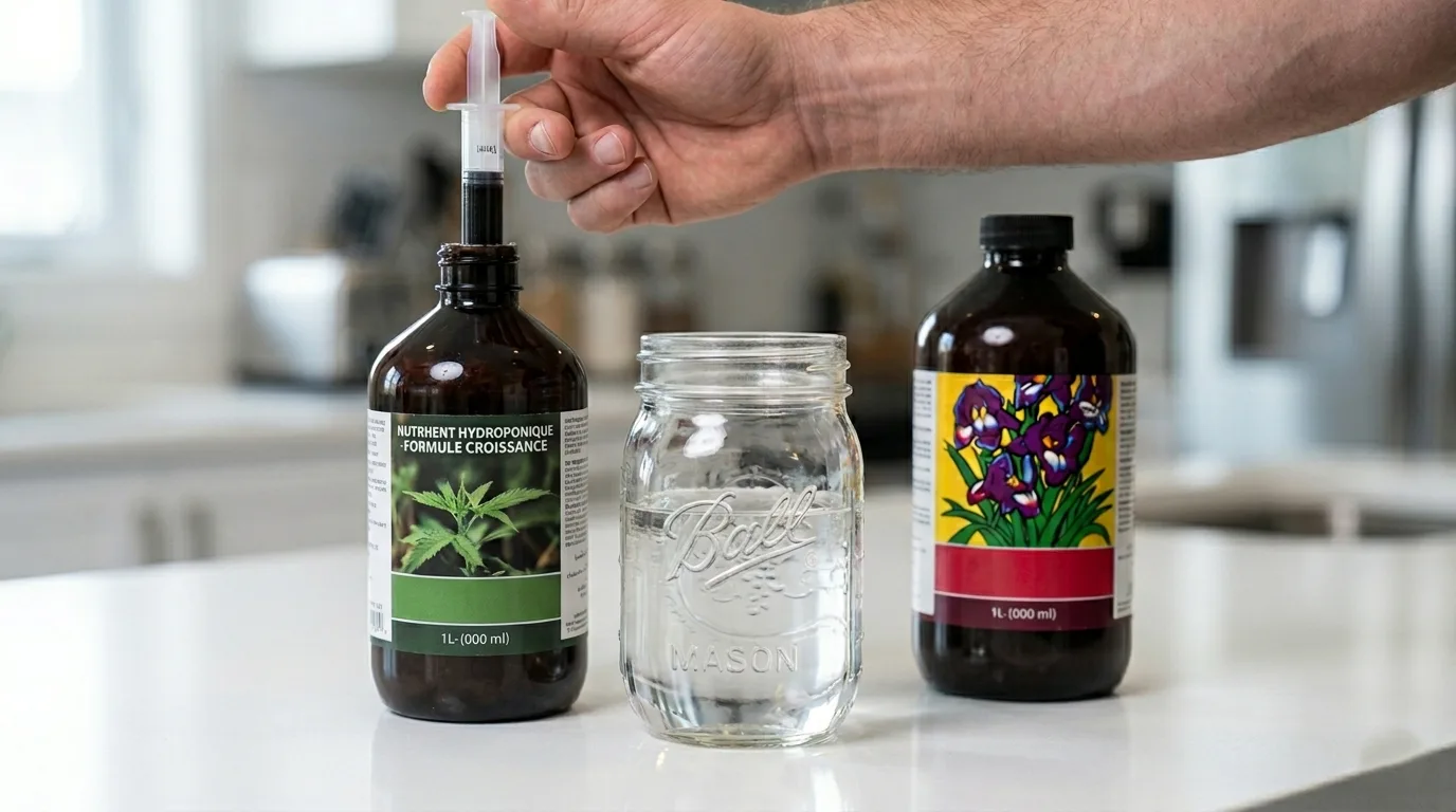 Hand using a blunt-tip plastic syringe to extract liquid from a hydroponic nutrient bottle over a glass mason jar of clear water on a kitchen counter