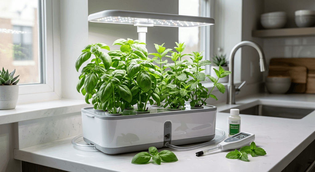 Apartment hydroponic basil under grow lights with a small nutrient reservoir and healthy green leaves.