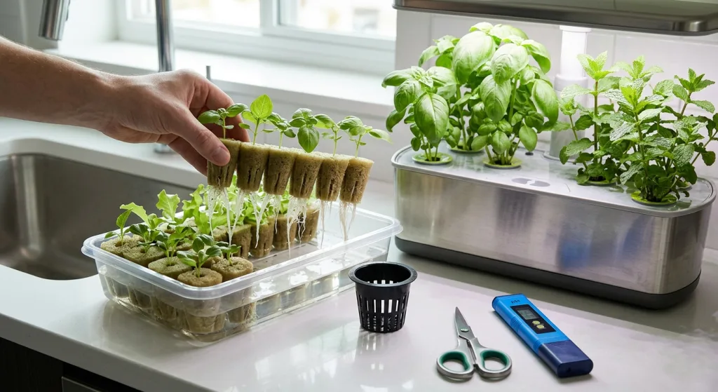 A beginner hydroponic seedling in a small apartment setup ready for transplant.