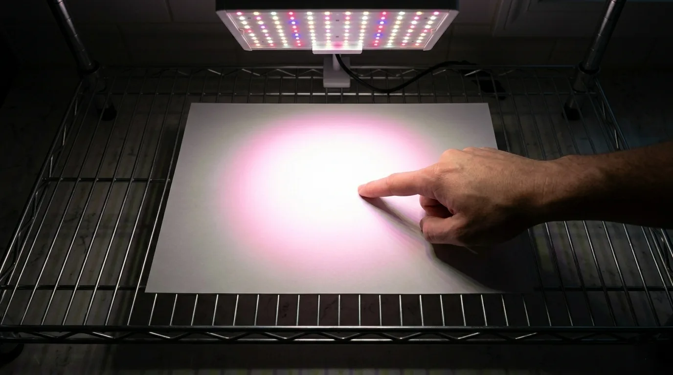 White printer paper on hydroponic shelf showing bright center and dim edges under grow light
