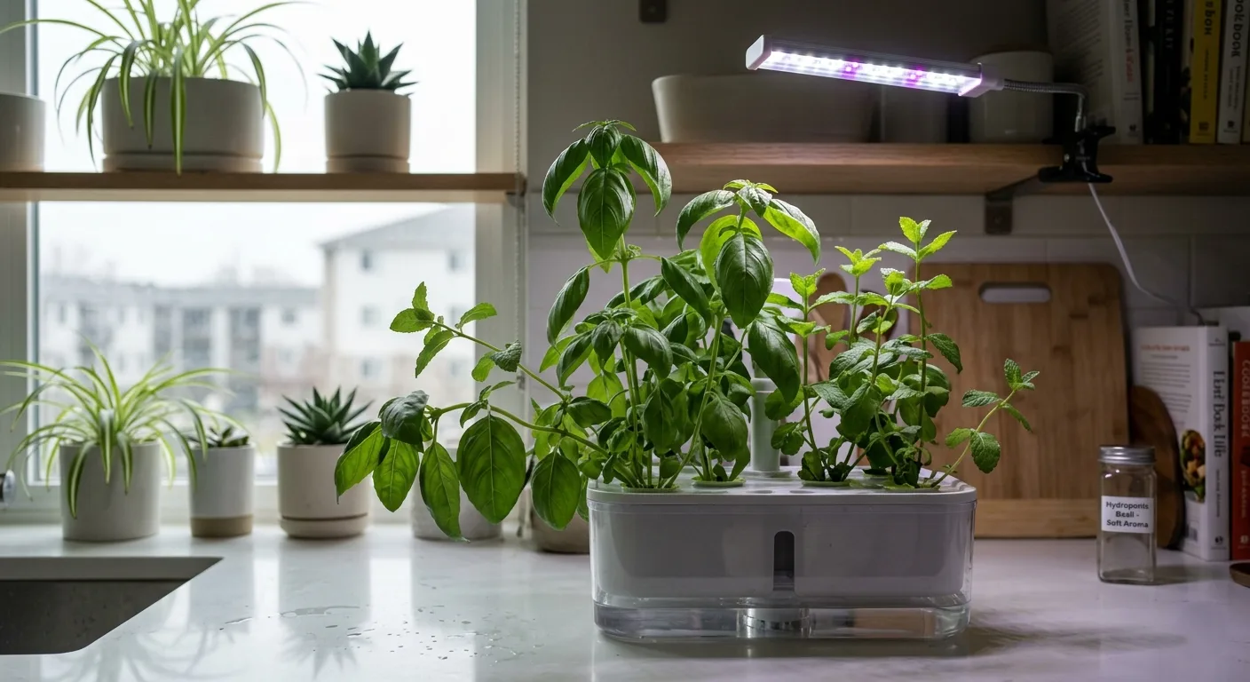 Indoor herb plants growing in a low-stress apartment setup with soft light and soft, bland leaves.