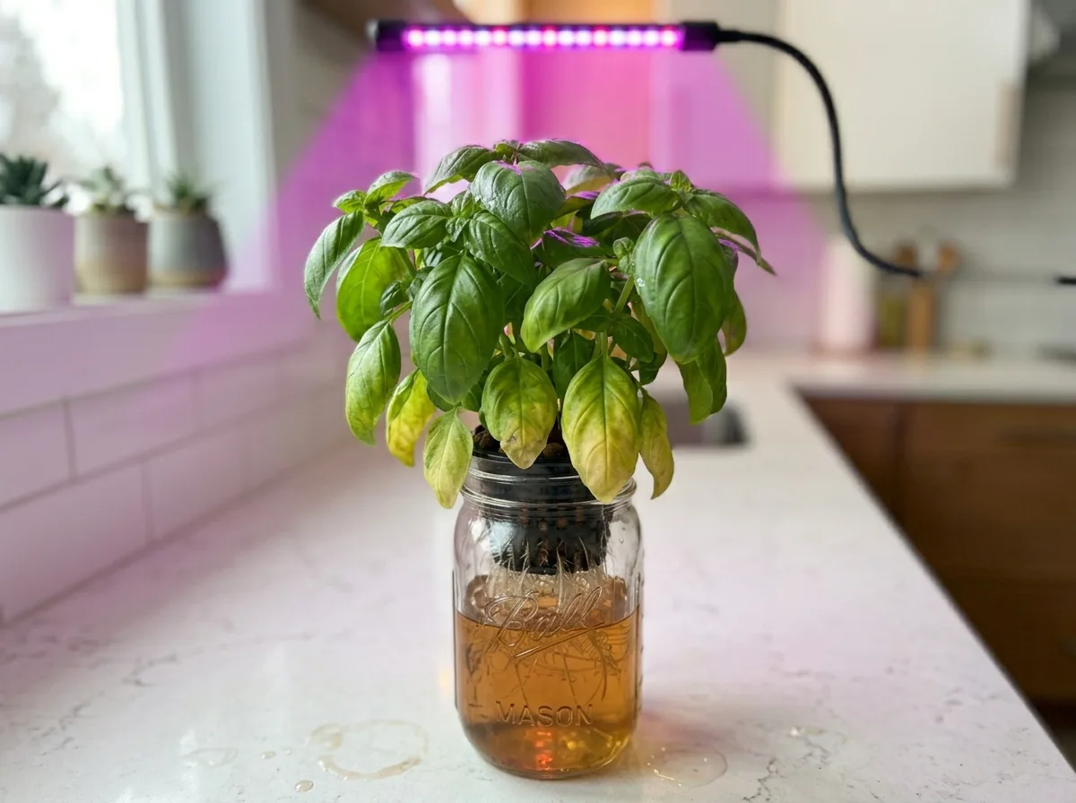 Lower basil leaves turning yellow in a clip on grow light hydroponic setup