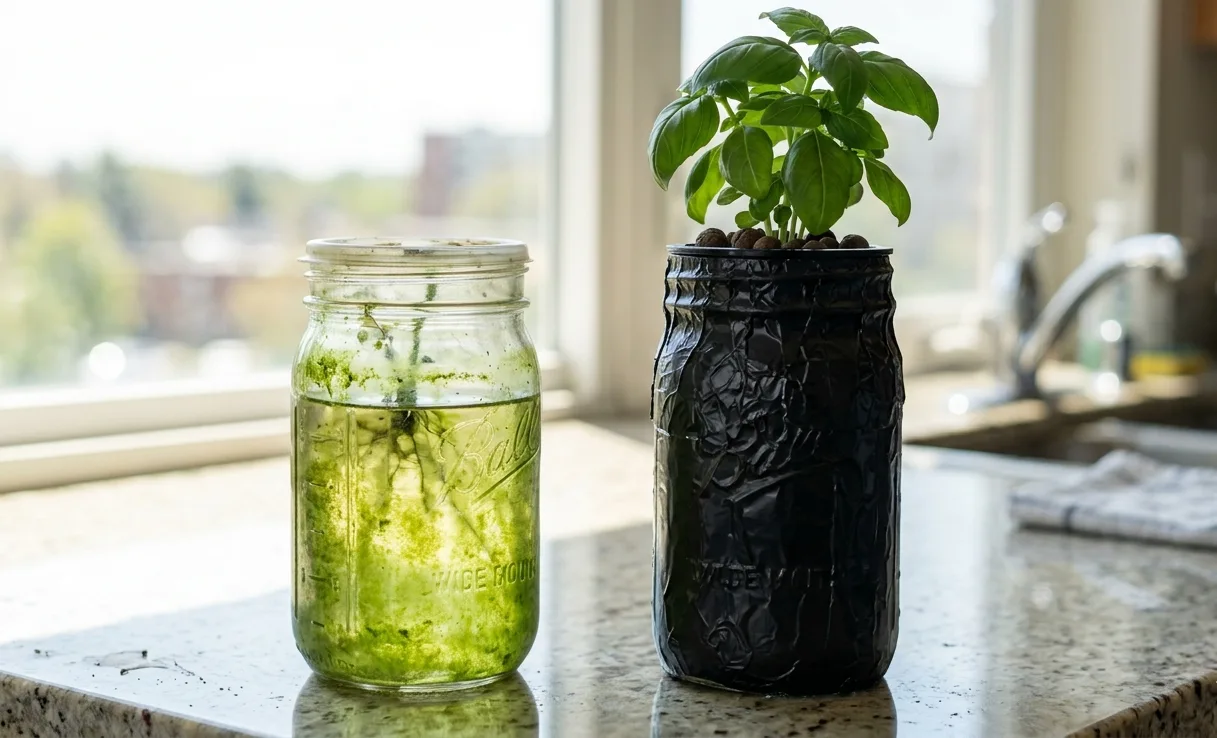 A clear mason jar coated with bright green algae on the inside walls next to a properly wrapped opaque hydroponic jar growing healthy basil, showing how light exposure causes algae and daily pH swings