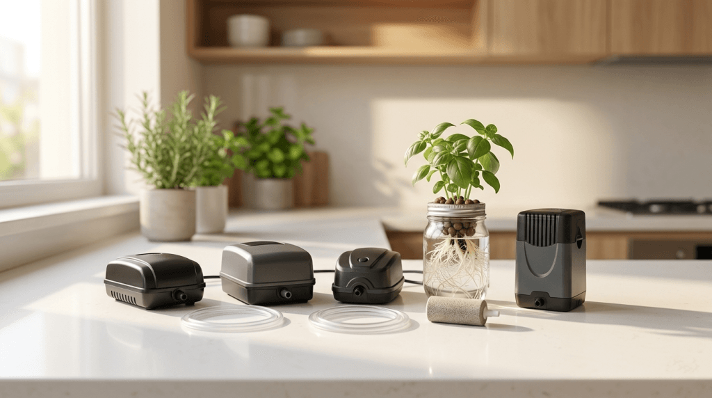 Four quiet air pumps for apartment hydroponic DWC setups