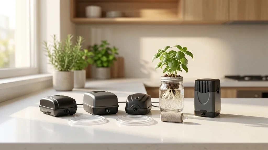 Four quiet air pumps for apartment hydroponic DWC setups