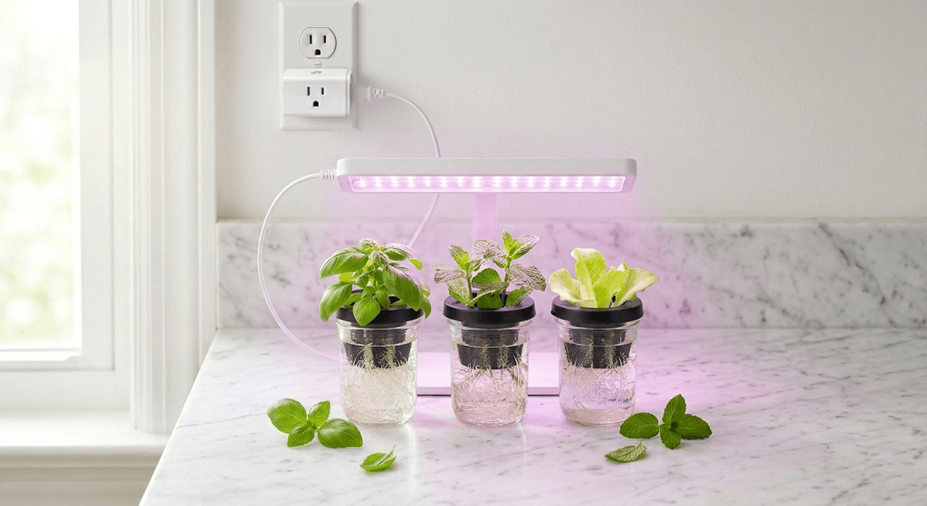 Smart plug timer connected to a LED grow light glowing over three Kratky mason jars with basil mint and lettuce seedlings on a white kitchen counter