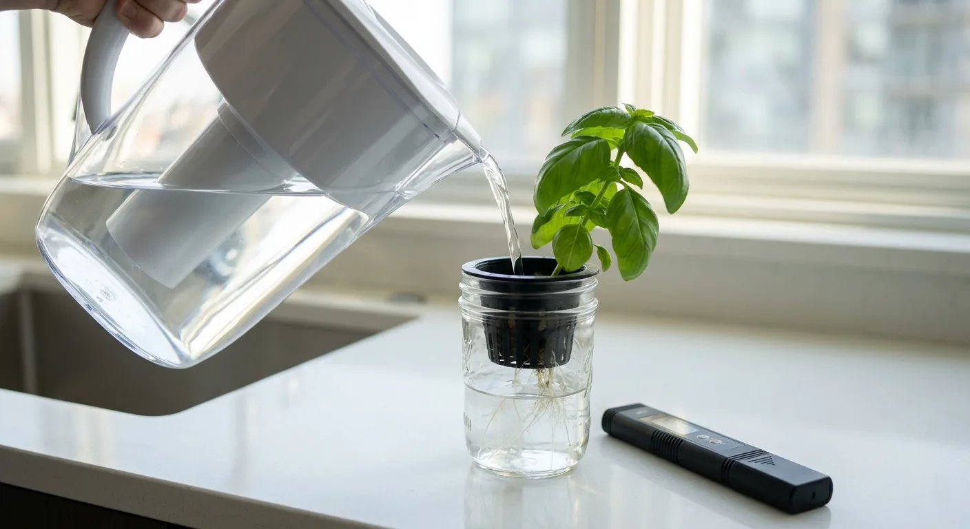 A Brita carbon filter pitcher pouring filtered water into a small glass mason jar hydroponic system on an apartment kitchen counter, showing a practical apartment-friendly water filtering method for beginner growers