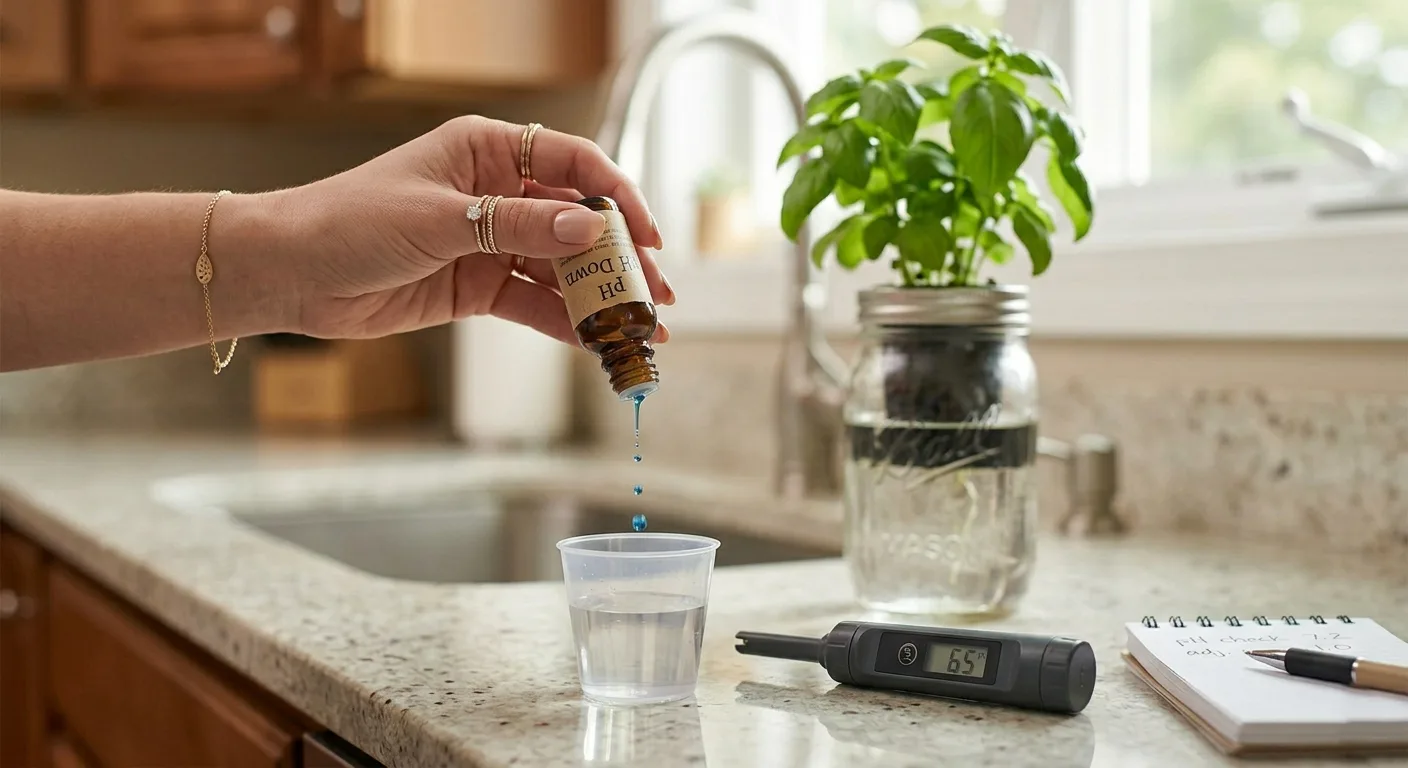 Hands carefully adding a few drops of blue pH Down solution into a small clear measuring cup of water before mixing it into a hydroponic basil jar, showing the safe dilution method to avoid root shock