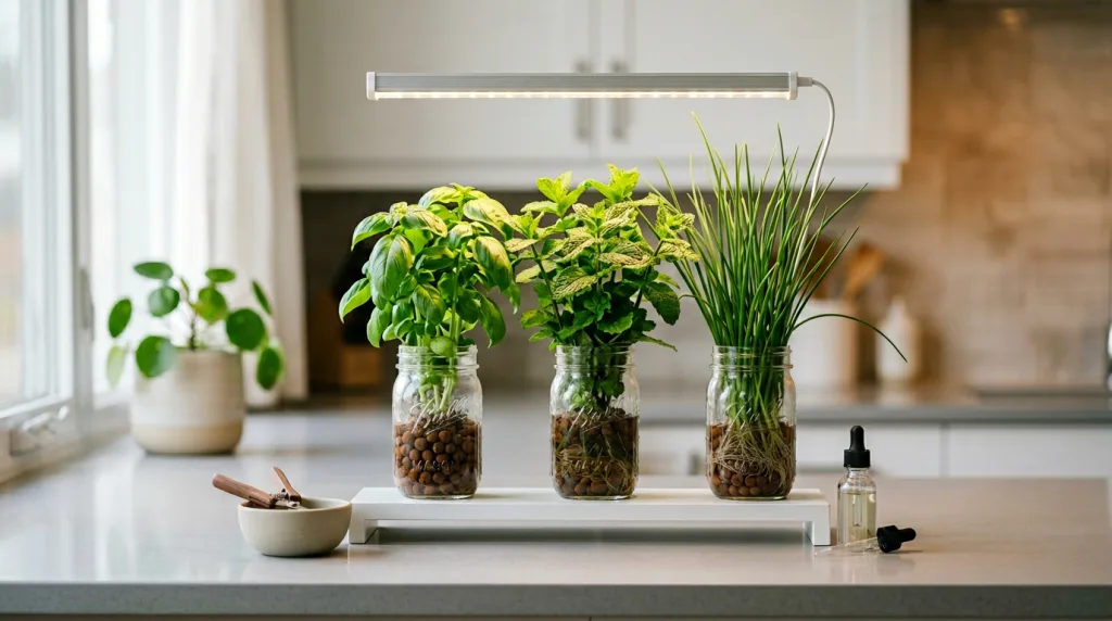 EC and Nutrient Strength For Apartment Hydroponic Herbs And Lettuce (Beginner Guide) — hydroponic herbs on an apartment kitch