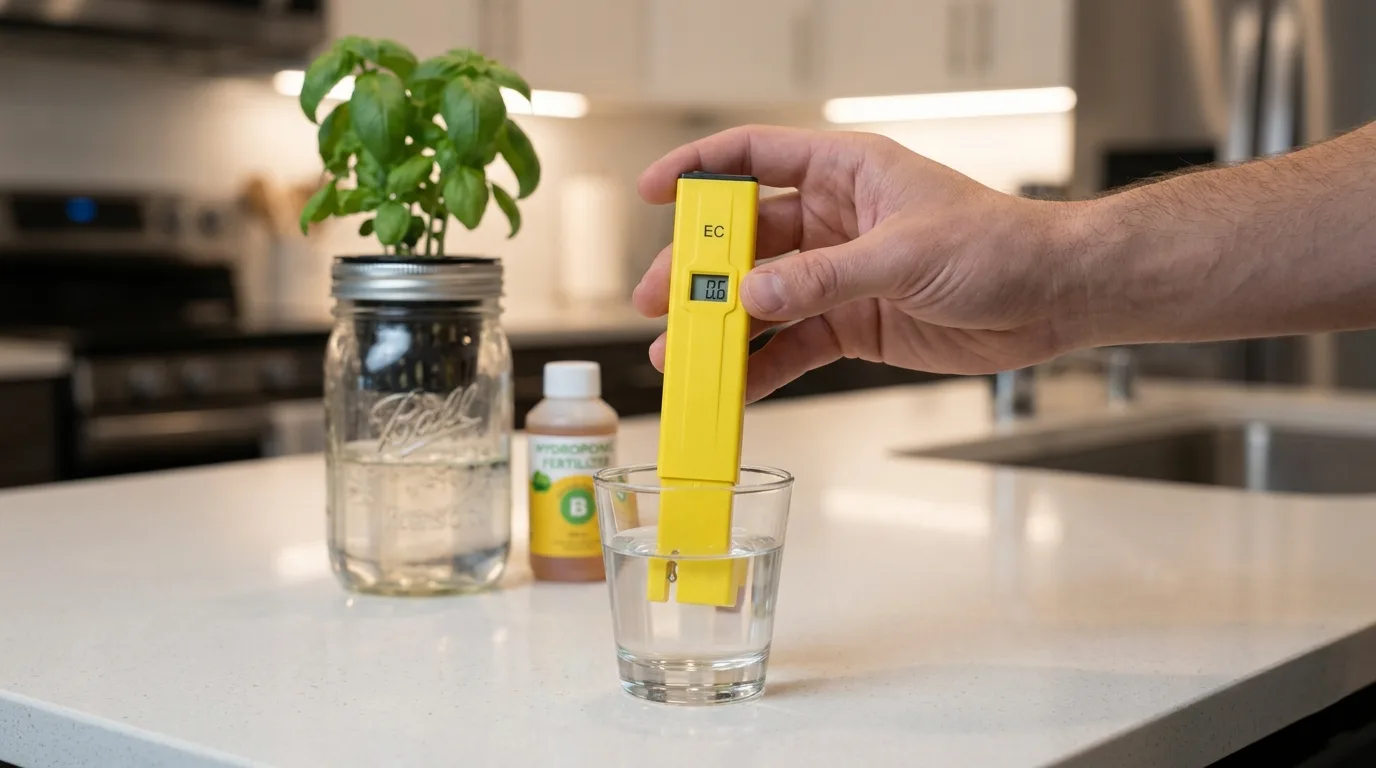 A hand dipping a slim digital EC meter into a glass of tap water on an apartment kitchen counter, showing a reading of 0.6 before mixing hydroponic nutrients for a small basil herb jar setup