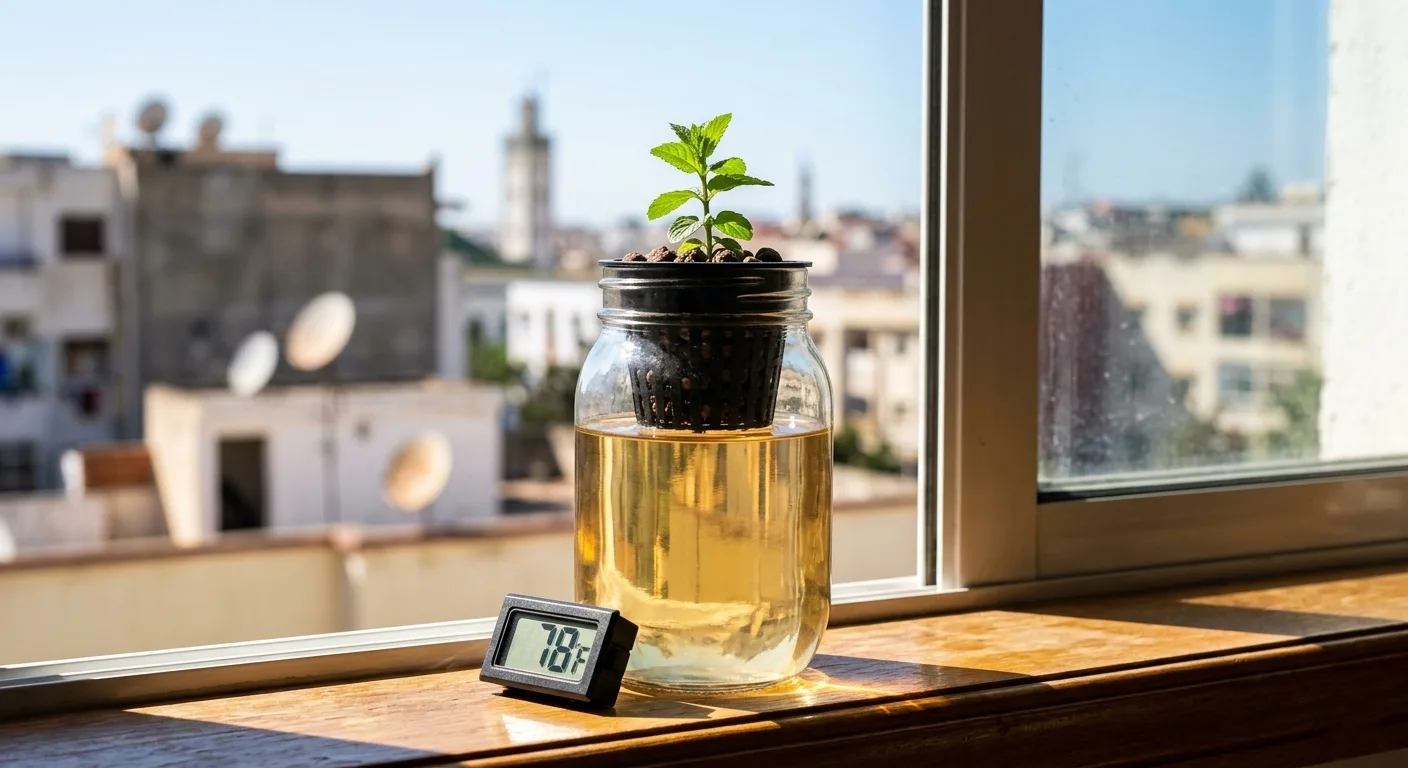 A small hydroponic herb jar sitting in direct sunlight on an apartment window ledge with a thermometer reading 78 degrees Fahrenheit, showing how heat causes pH drift in a small reservoir