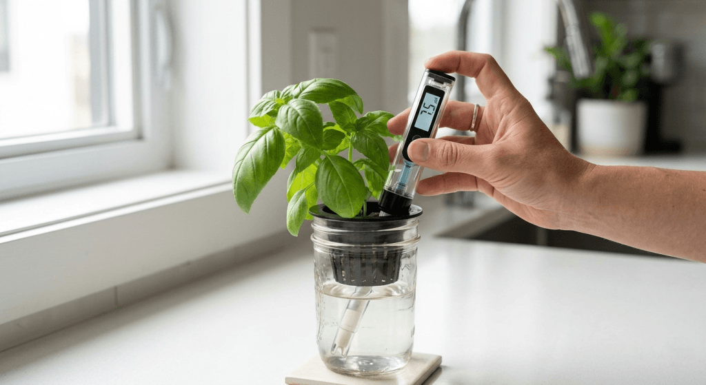 A hand holding a digital pH meter reading 7.5 in a small basil Kratky jar on an apartment countertop, showing hydroponic pH keeps drifting upward overnight