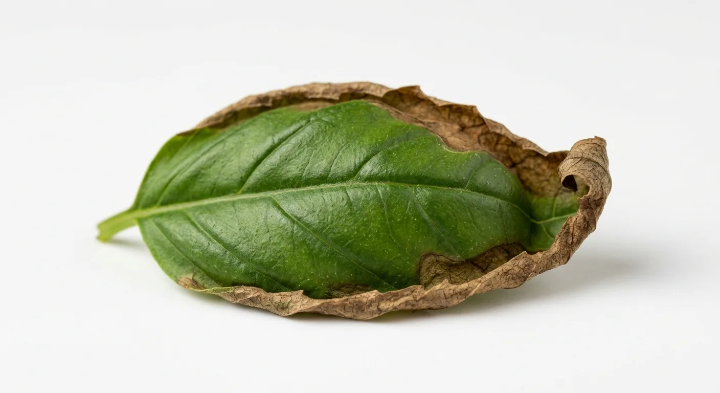 Close-up of basil leaf with brown crispy edges and curling tips caused by high EC nutrient burn in a small hydroponic jar