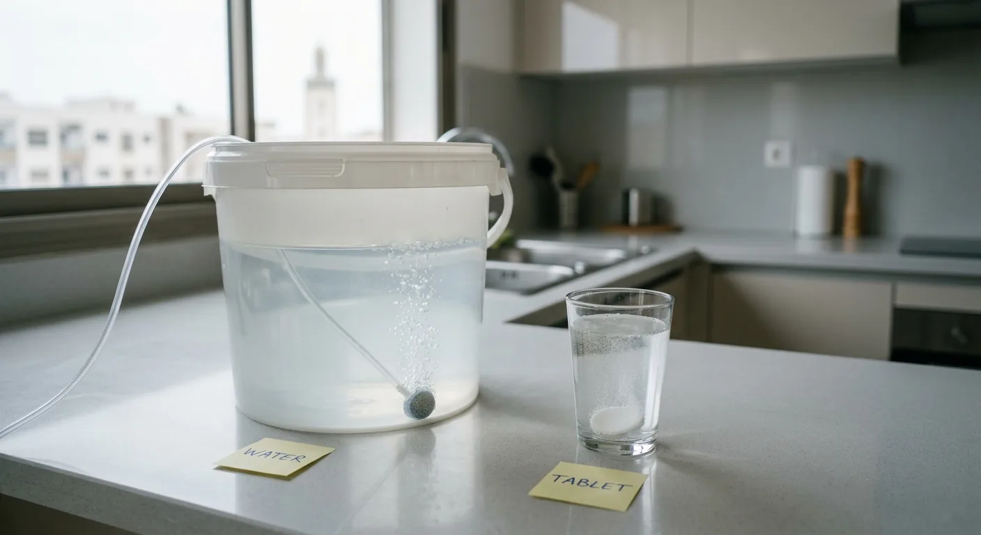 Two containers side by side on an apartment kitchen counter showing tap water treatment methods: an open wide-mouth bucket off-gassing chlorine overnight and a small glass with a crushed Campden tablet dissolving for chloramine removal