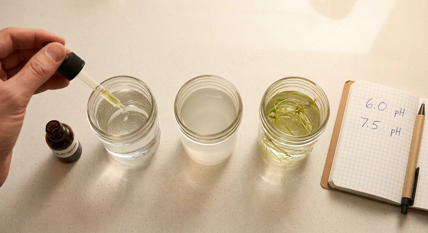 A top-down view of three small mason jars on a kitchen counter at different stages of hydroponic pH testing, with a notebook showing written readings of 6.0 and 7.5