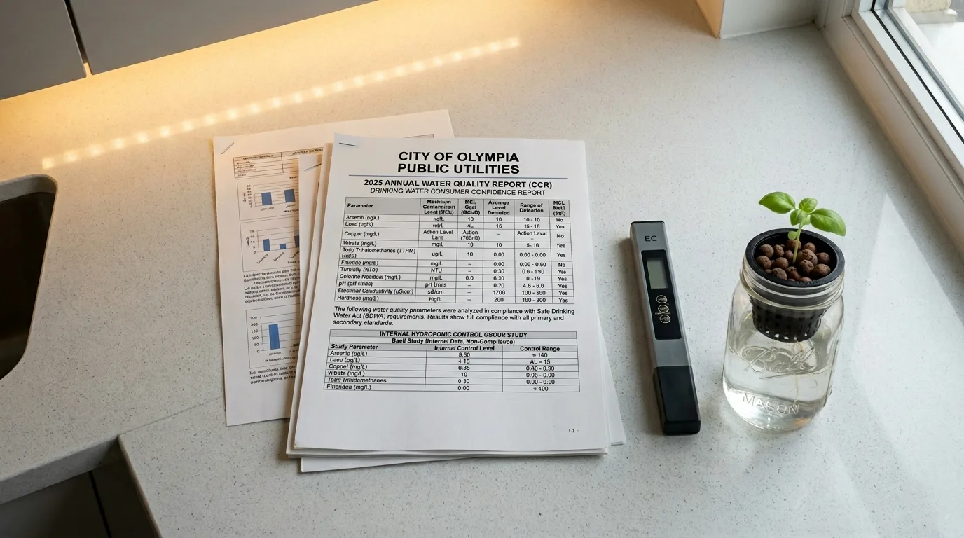 An apartment kitchen countertop showing a printed local water quality report next to a small hydroponic basil jar and a digital EC meter, helping a beginner understand tap water mineral content before growing