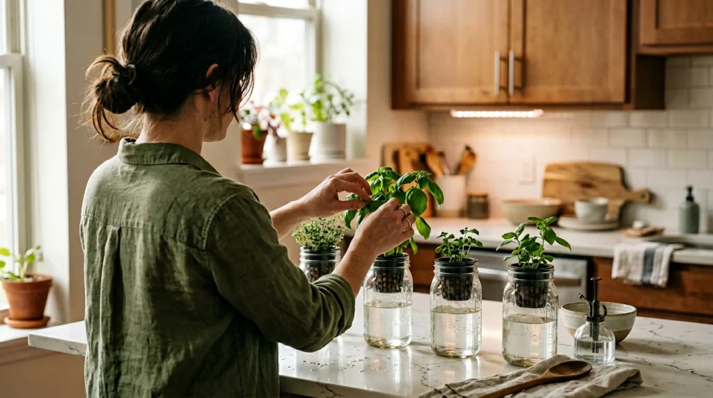 Can You Reuse Hydroponic Nutrient Solution In Small Apartment Systems? — Kratky hydroponic herbs on an apartment kitchen coun
