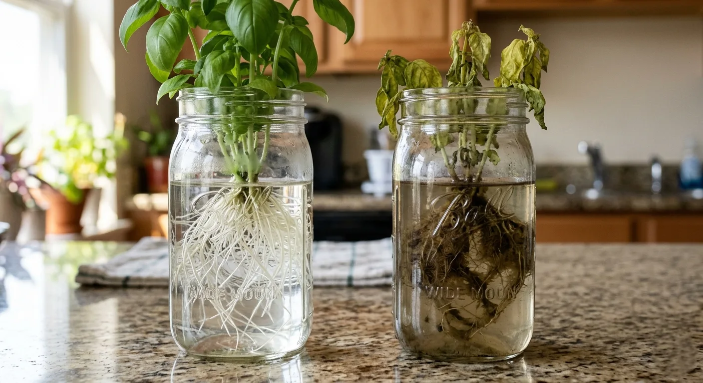 Side by side comparison of a hydroponic jar with healthy bright white roots and clear water next to a jar with brown slimy root rot and murky water, showing the bacterial cause of sudden pH drops