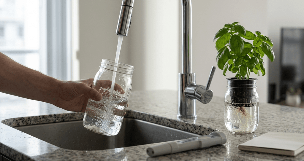 A hand filling a clear glass mason jar with tap water at an apartment kitchen sink, with a small basil hydroponic setup and a digital EC meter visible on the countertop beside the sink