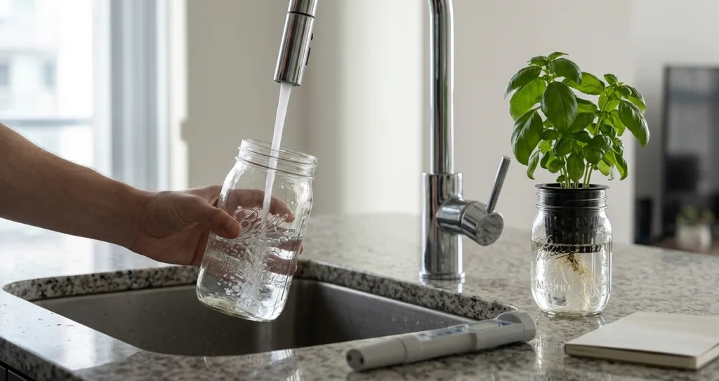 A hand filling a clear glass mason jar with tap water at an apartment kitchen sink, with a small basil hydroponic setup and a digital EC meter visible on the countertop beside the sink