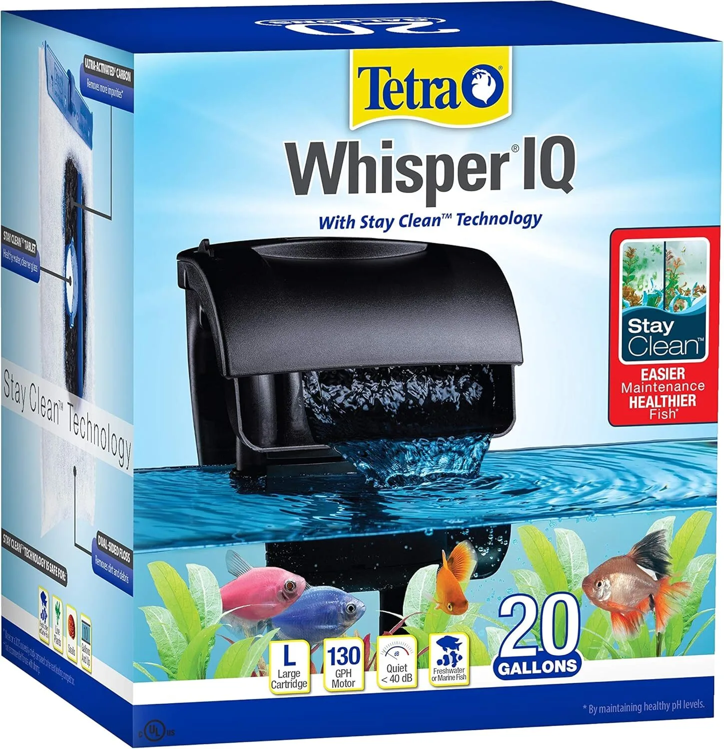 Tetra Whisper IQ 20 quiet power filter for apartment hydroponic totes under 40 dB