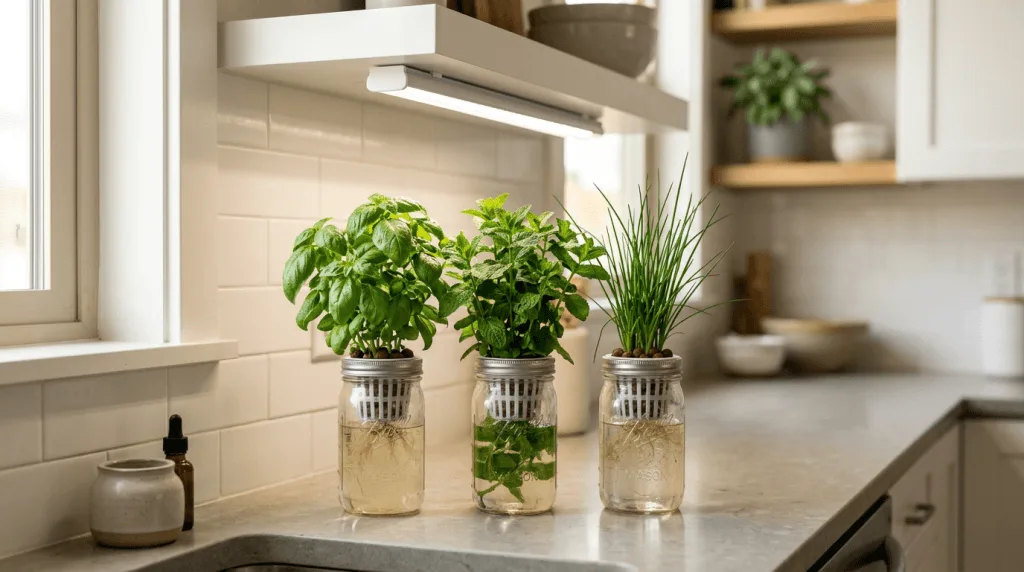 Basil, mint and chives growing in Kratky mason jars on an apartment kitchen counter