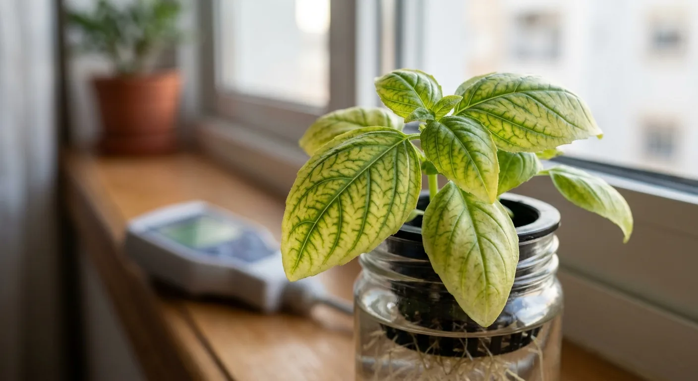A close-up of basil leaves in a small hydroponic jar showing yellow leaves with dark green veins, a visible symptom of nutrient lockout caused by high pH from hard tap water minerals in an apartment system