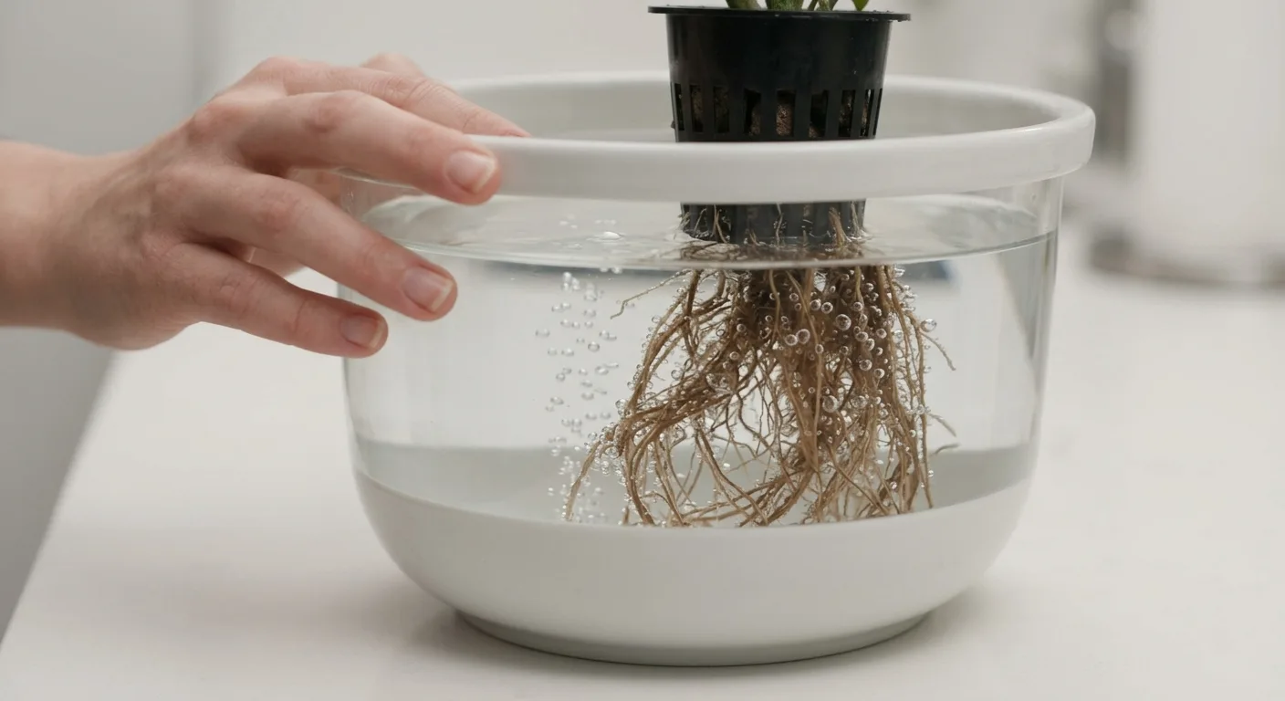Hydroponic plant root mass submerged in a white ceramic bowl of hydrogen peroxide solution with tiny oxygen bubbles rising from the brown roots during a 20-minute root bath treatment