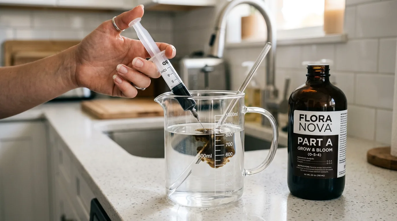 A hand injecting Part A hydroponic nutrient from a plastic syringe into a clear glass measuring pitcher filled with water, with a glass stirring rod resting against the side