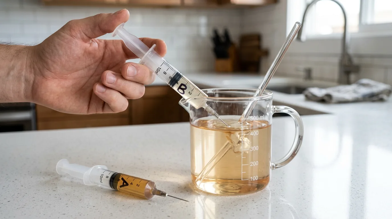 A hand using a plastic syringe labeled B to inject Part B hydroponic nutrient into a clear glass mixing pitcher, with a separate syringe labeled A resting beside it and a glass stirring rod in the water