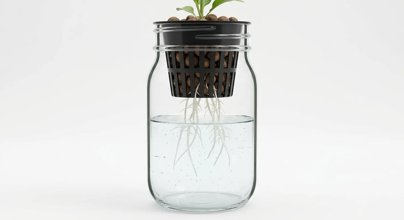 Cross-section of a mason jar Kratky hydroponic setup showing the 1 to 2 inch air gap between the water surface and the net cup base with white roots visible