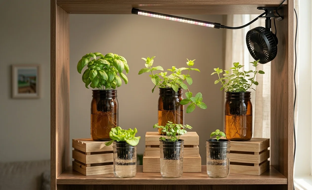 Eye-level side view of an asymmetrical hydroponic herb shelf with tall mason jars on wooden risers behind shorter seedlings under a clip-on LED grow light near a sunny apartment window