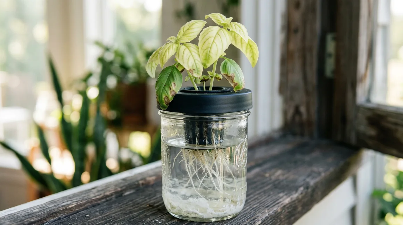 A basil plant in a Kratky mason jar showing nutrient lockout symptoms including pale yellow new leaves and brown spotted older leaves, with white chalky precipitate visible at the bottom of the clear jar