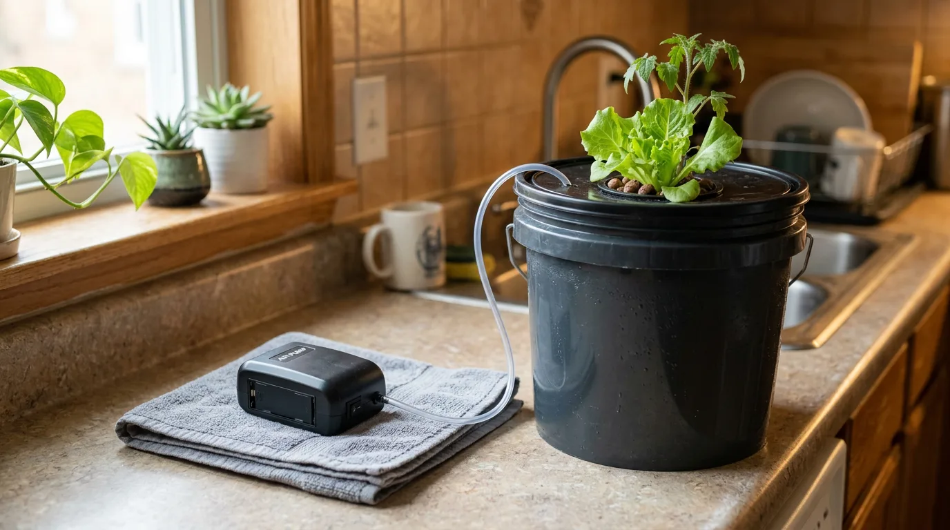 Small battery-powered air pump connected to an air stone in a DWC hydroponic bucket