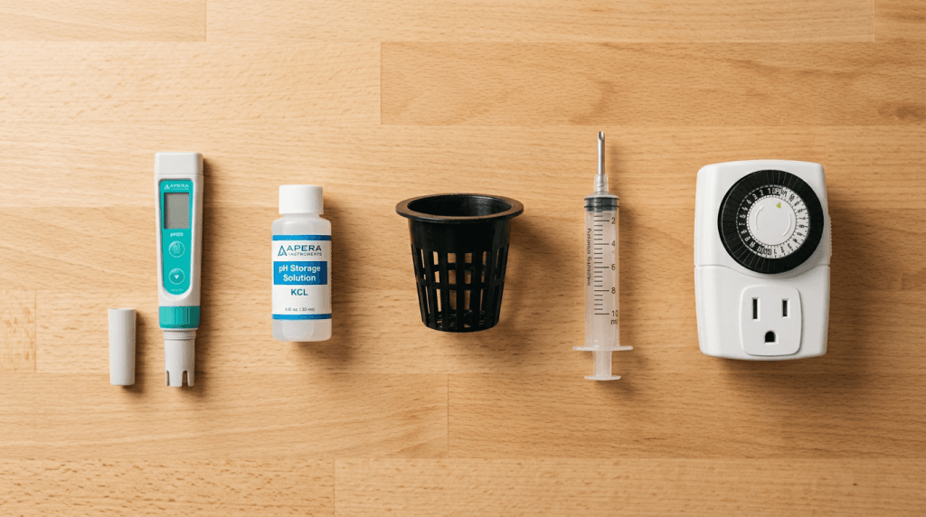 Five small hydroponic accessories laid out on a kitchen counter including pH pen net cups syringe and timer