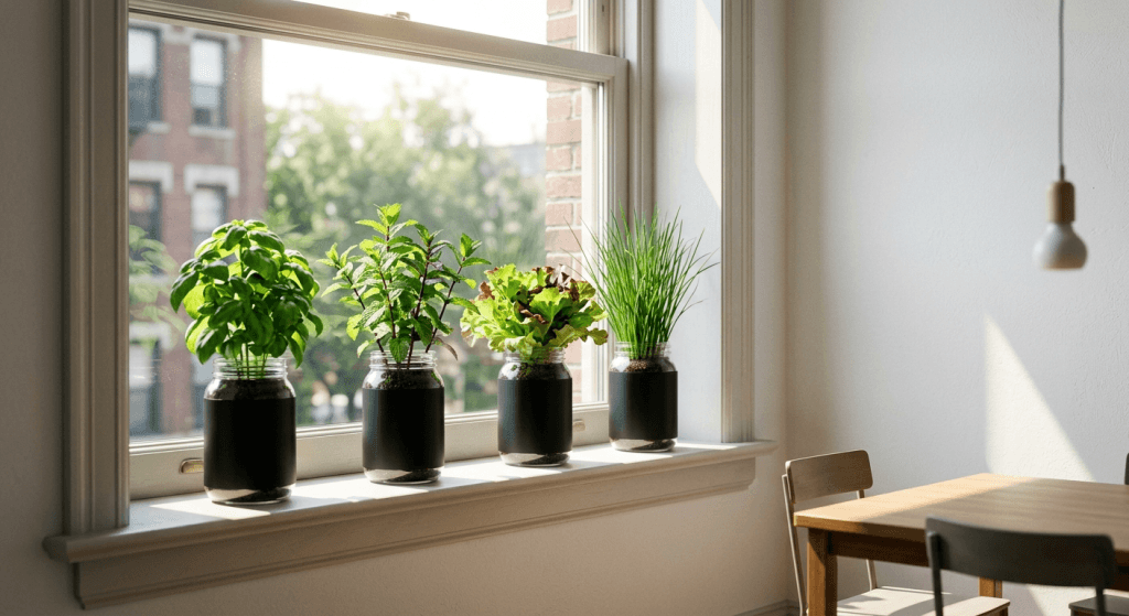 Four mason jar Kratky setups growing basil, mint, lettuce, and chives on a bright south-facing apartment windowsill