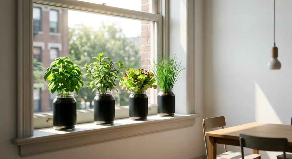 Four mason jar Kratky setups growing basil, mint, lettuce, and chives on a bright south-facing apartment windowsill
